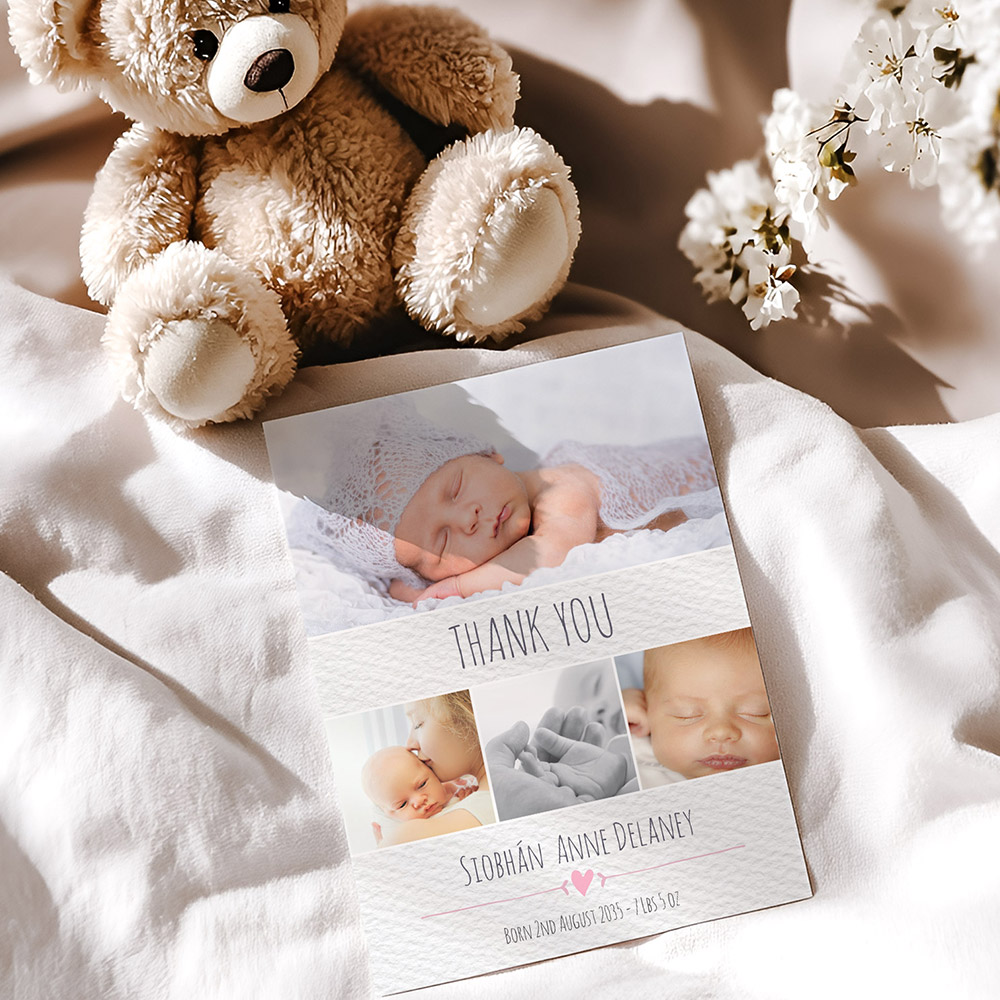 Clean Texture, baby thank you card for girls.