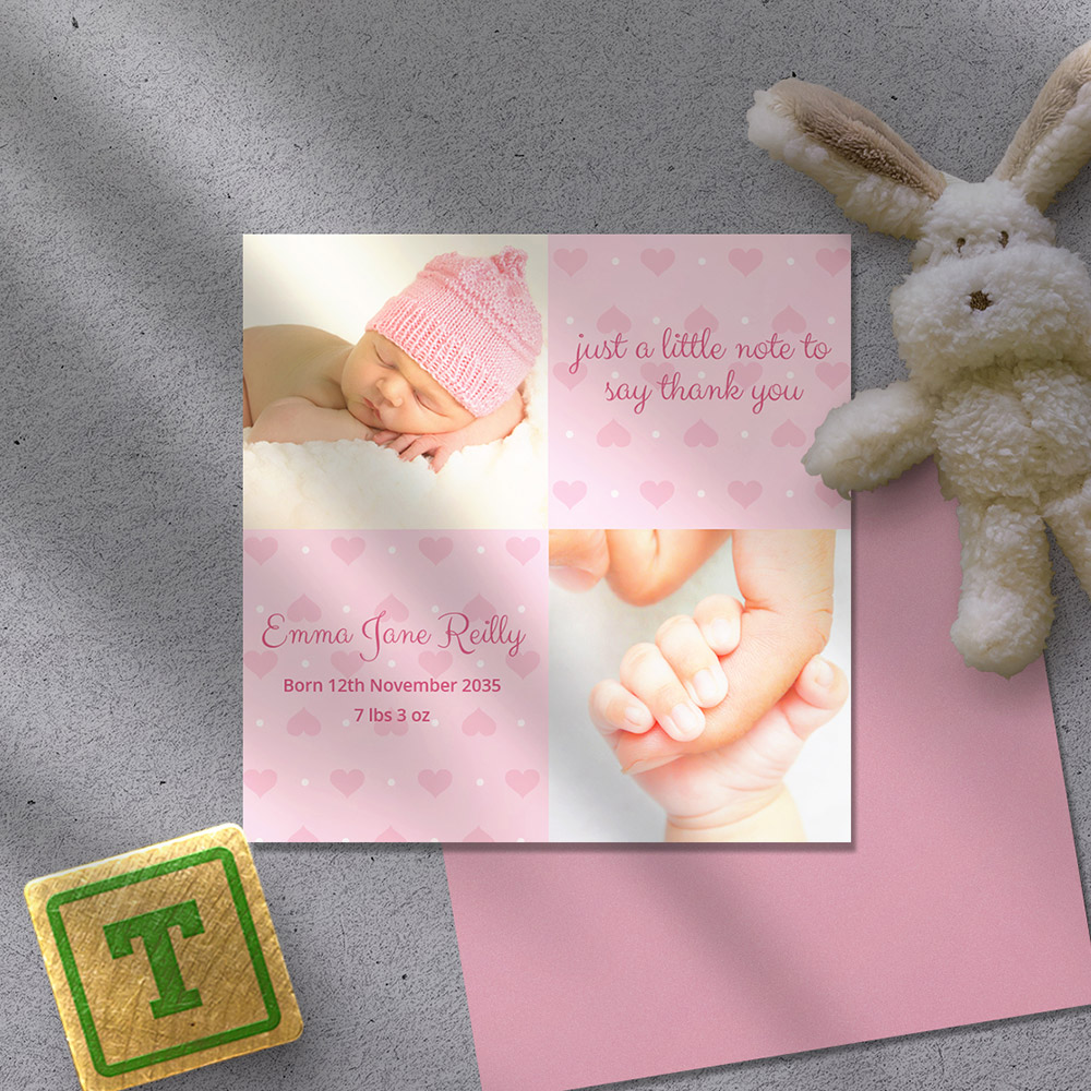 Two Hearts Baby thank you card for girls by Cedar Tree.