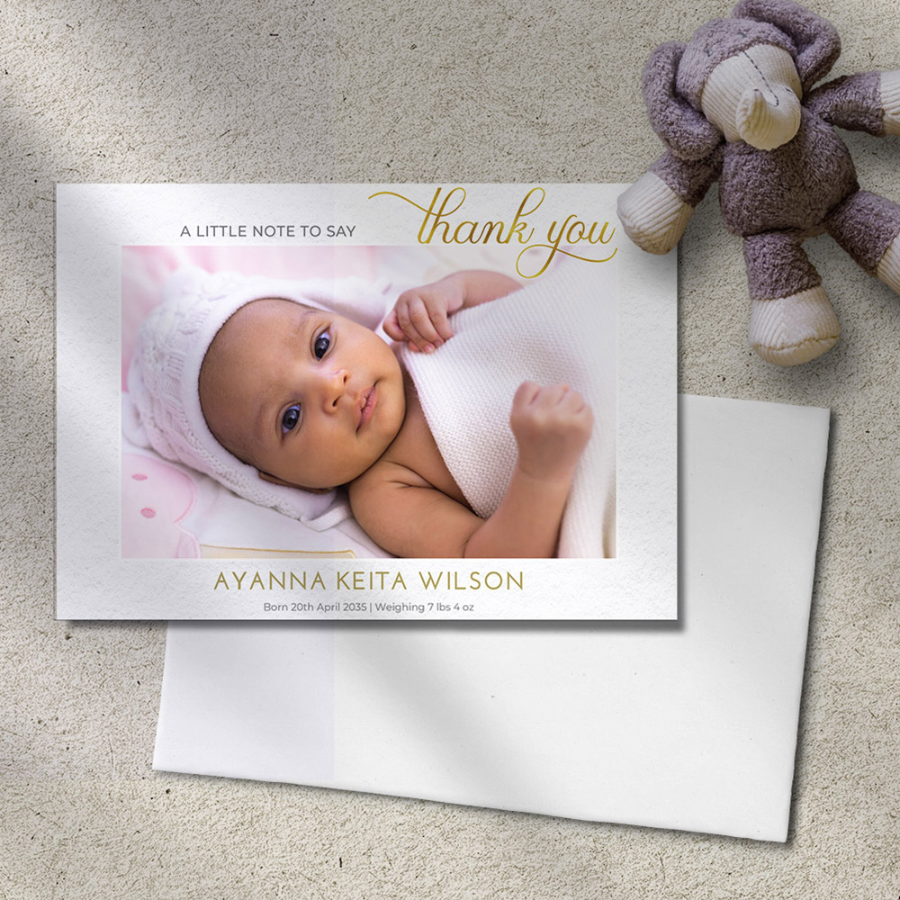 Gold Message, baby thank you card for boys and girls.