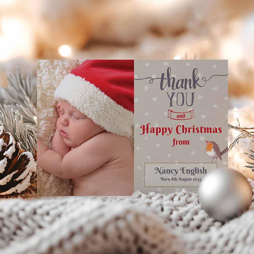 Christmas Robin, Christmas themed baby thank you card