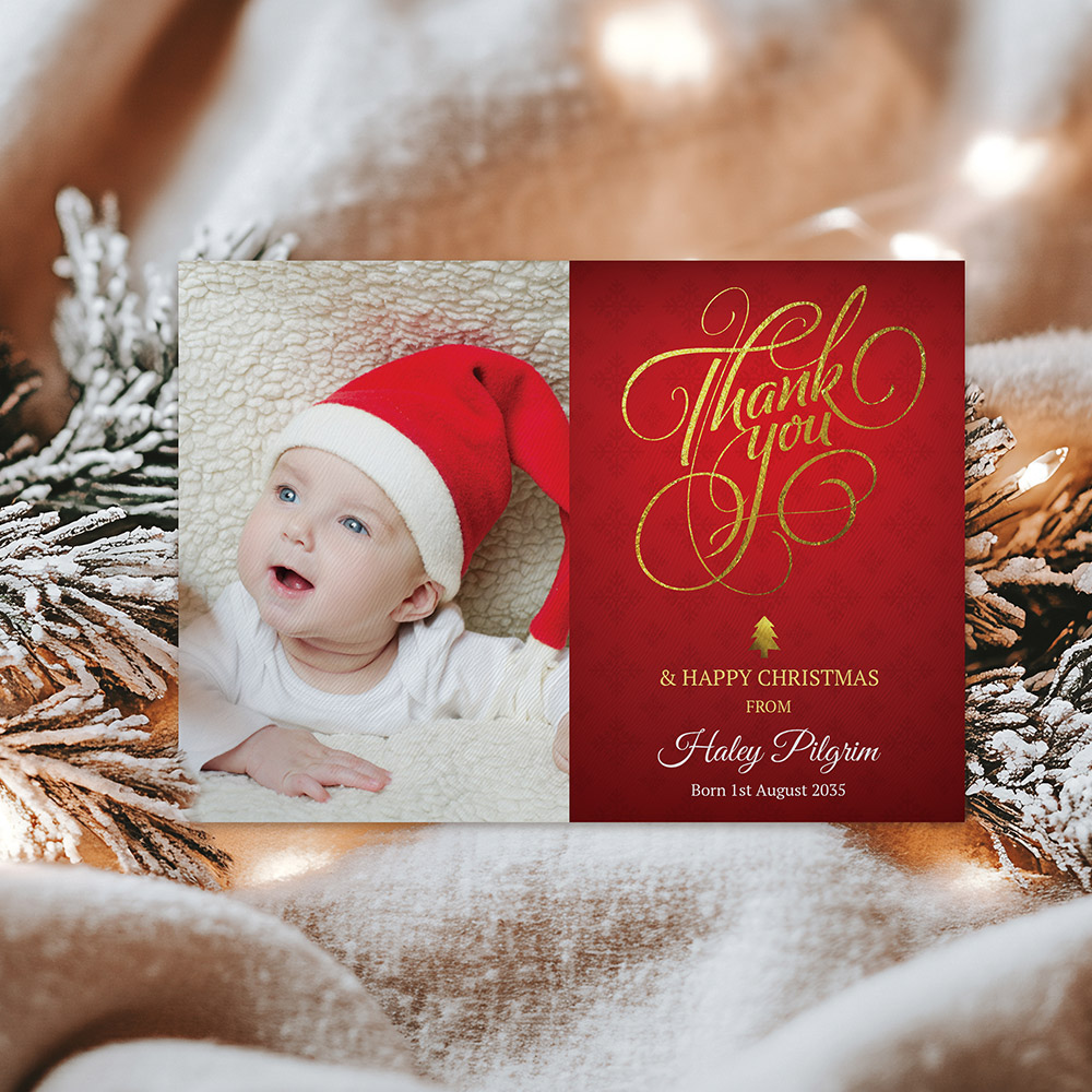Golden Thank You, Christmas themed baby thank you card
