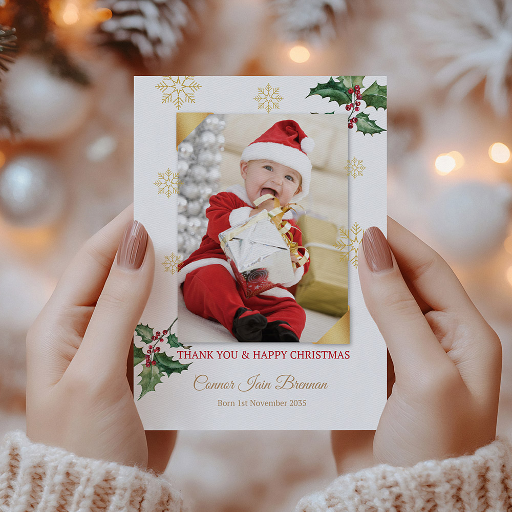 Golden Snow, Christmas themed baby thank you card