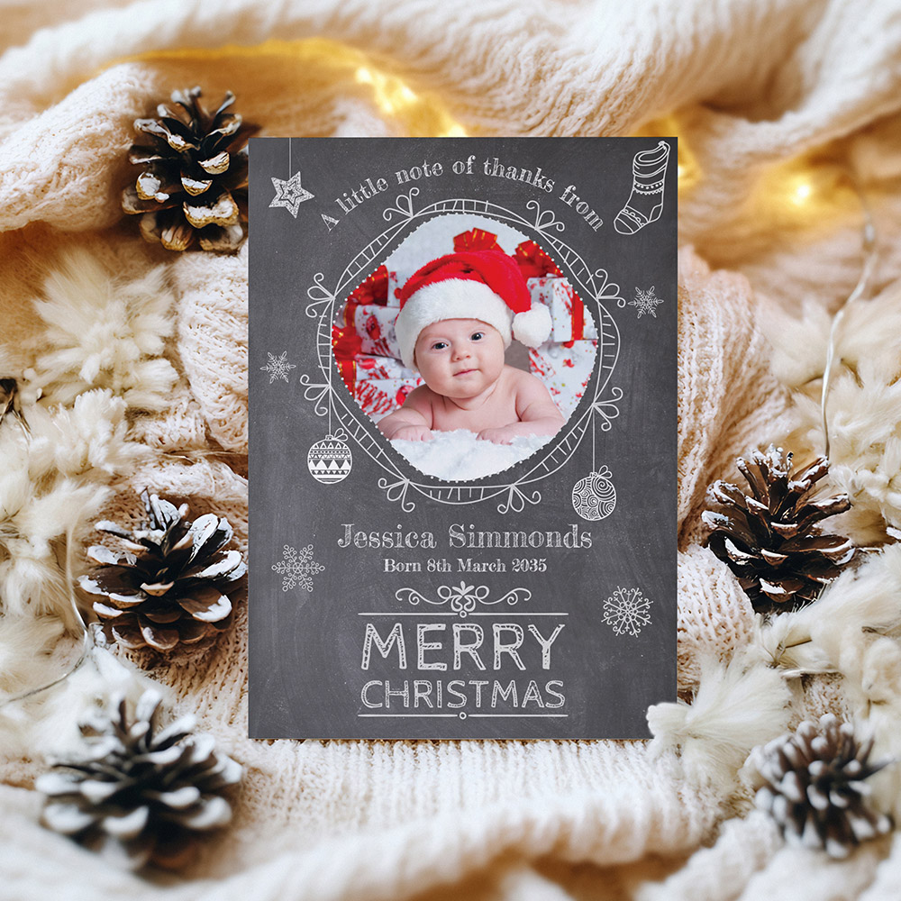 Chalkboard Christmas, Christmas themed baby thank you card.