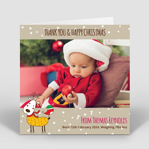 Reindeer & Robin, Christmas themed Baby Thank You Card
