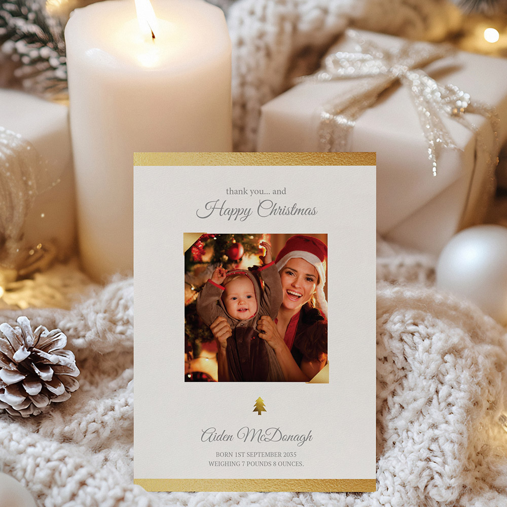 Gold Leaf, Christmas themed baby thank you card.