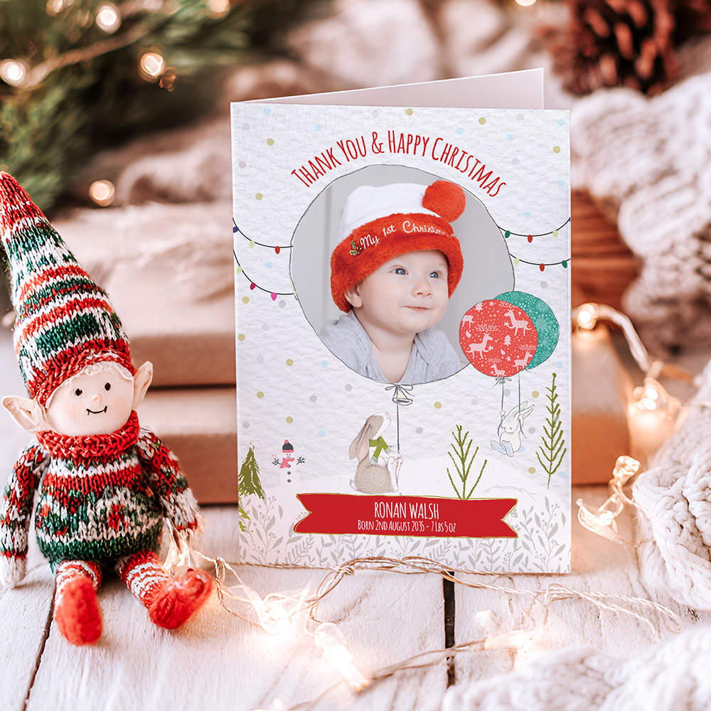 Bunny Fun – Christmas, Christmas themed baby thank you card.