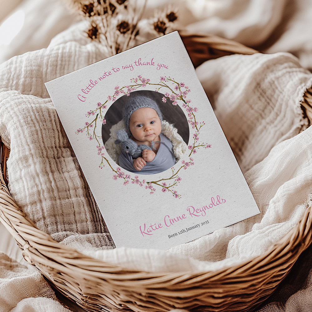 Pink Blossom baby thank you card.